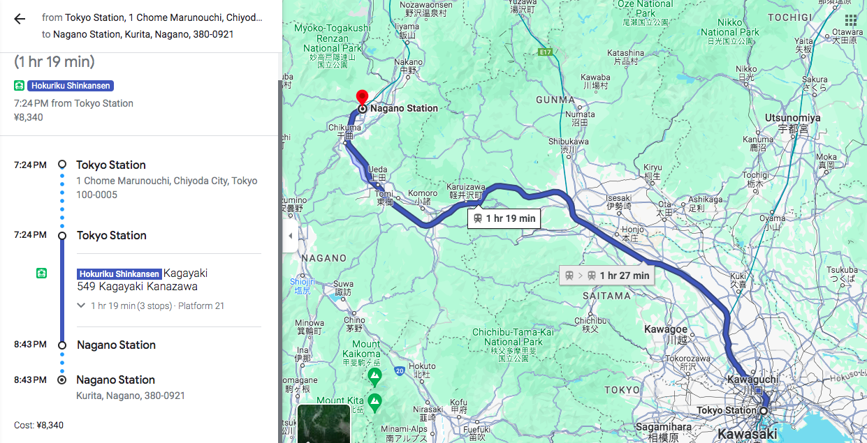 Image of Google map of route from Tokyo to Hakuba via Bullet train on the Hokuriku Line via the Kagayaki service.