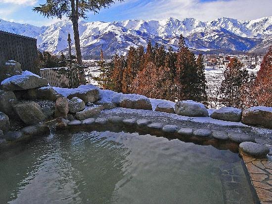 Onsen in Hakuba during daylight looking out on to the Northern Japanese Alps