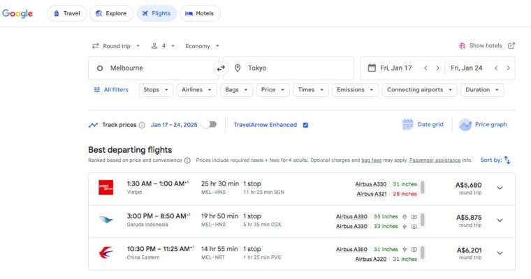 Image of flight costs from Melbourne to Japan during January