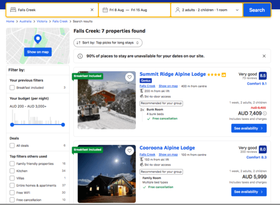 Screenshoot of booking results for accomodation costs for Falls Creek