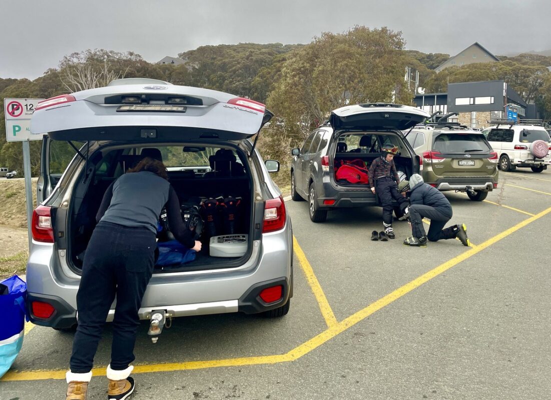 Getting ready to ski in carpark at Falls Creek