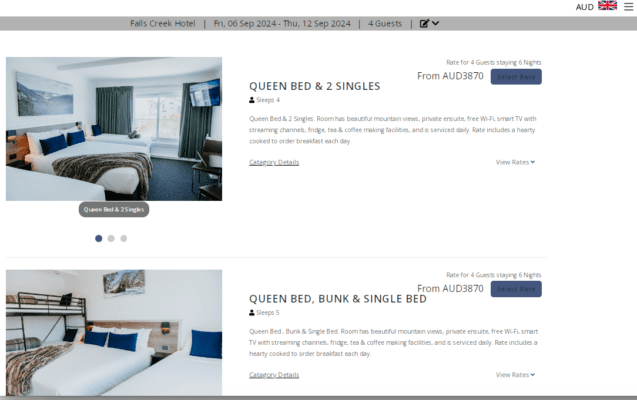 Screenshot of accomodation costs at Falls Creek Hotel in September