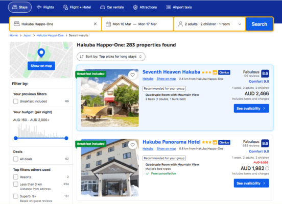 Accommodation costs in Hakuba, Japan, in March.