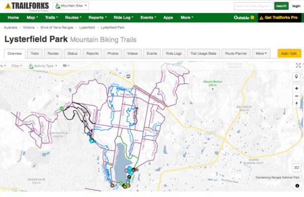 Image of a screenshot of TrailForks show the Lysterfield mtb map and extended trails in the Lysterfield Lake area.