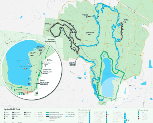 Image of the Lysterfield Park Map or Lysterfield or Lysterfield MTB Map showing green, blue and black graded trails.