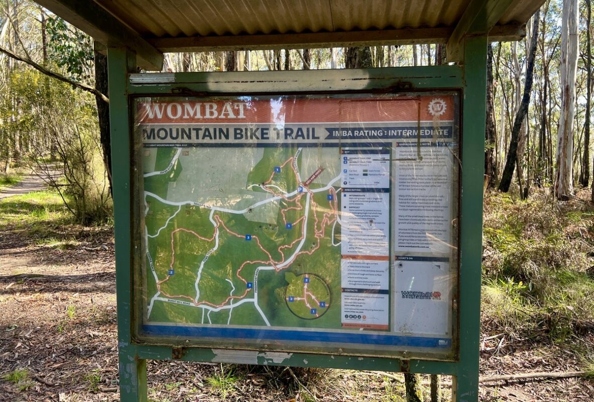 Image of the Wombat Woodend mountain bike trails map, at the trailhead.