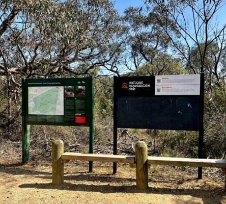 Trailhead signs and message board at Anglesea mountain bike trails