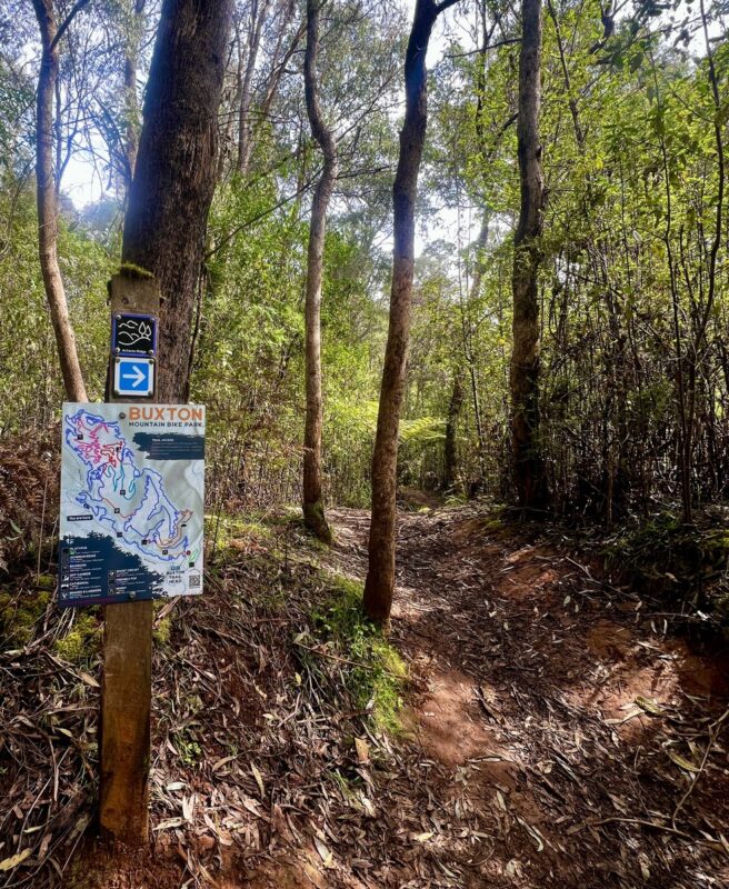 Trail sign with map of the Buxton mtb trails 