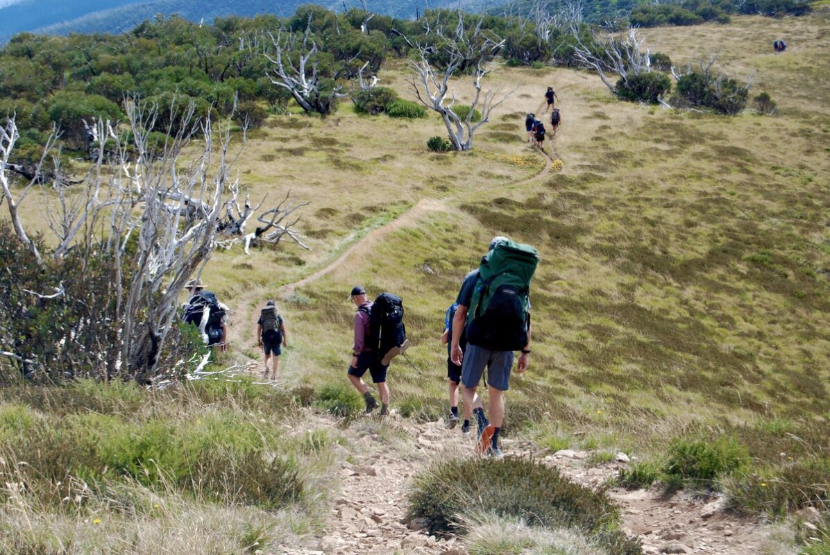 Hikers heading on a downhill section on the Razorback trail