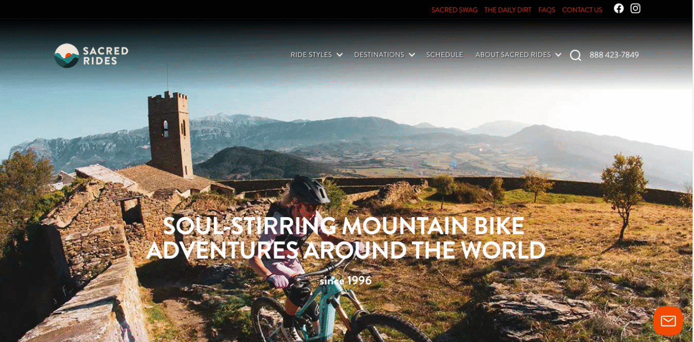 Screenshot of home page of Sacred Rides mountain bike tour operator with rider and ancient ruins in background