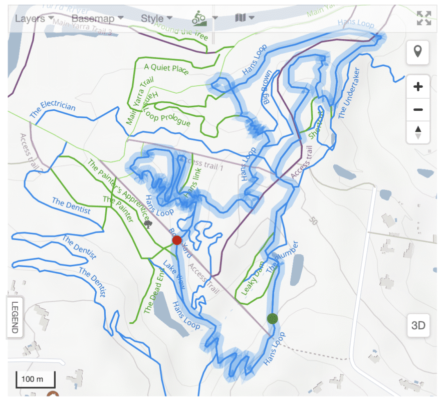 Screenshot of the Hans loop mtb map, in Candlebark Park.
