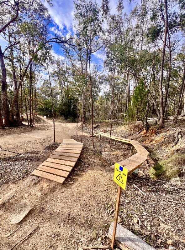 Trail features of skinnys and drop offs built at Beechworth mountain bike park
