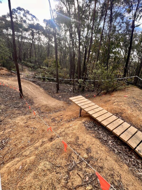 Drop offs built at Beechworth mtb park with landing and singletrack in background.
